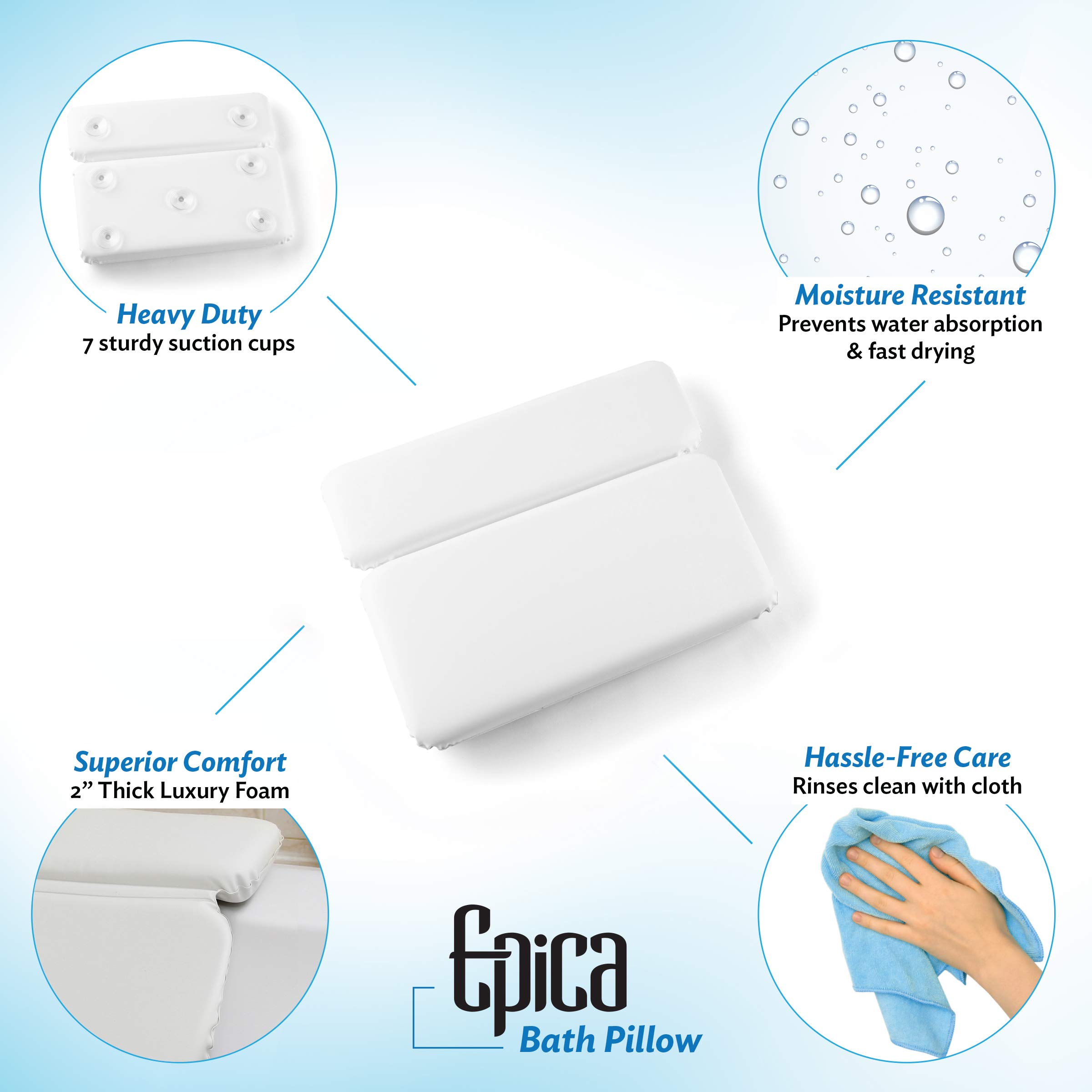 Epica Almohada de baño de spa de lujo 2X gruesa, ventosas SuperGrip (rectangular)