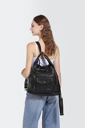 BARCELONA 21K Wash Leather Both Back and Shoulder Women's Bag 1580-6 Black
