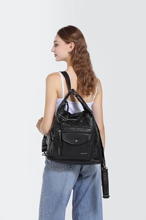 BARCELONA 21K Wash Leather Both Back and Shoulder Women's Bag 1580-6 Black
