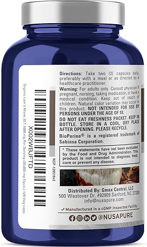 Miniatura 3 de NusaPure Extracto de melena de león 20:1 (equivalente a 20.000 mg) – Hecho con melena de león orgánica, bioperina – 30% polisacáridos – 120 cápsulas