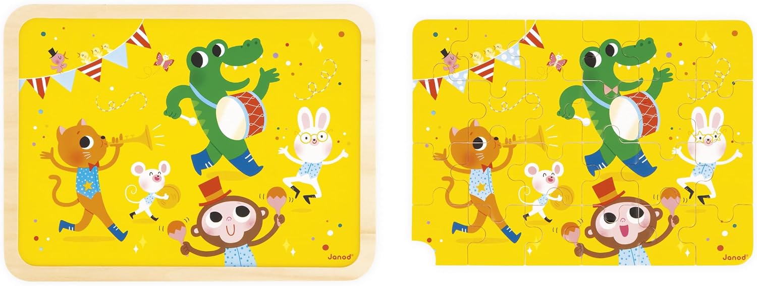 Janod - 24-Piece Wooden Puzzle for Children from 4 Years Old - Model Included + Spot The Difference Game on The Board - Develops Concentration and Observation - J07125, Yellow