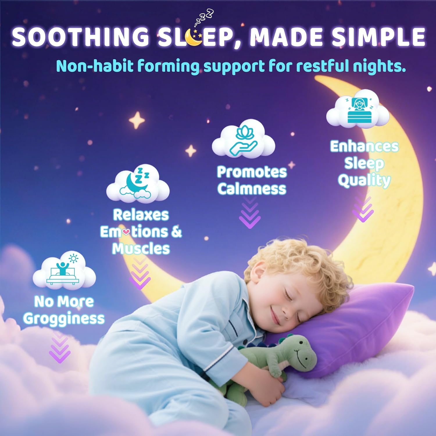 Kids Sleep Gummies, NO Melatonin Sleep Aid Gummies w/Magnesium Glycinate, Magnesium Malate, L-Theanine, Lavender, B6, Zinc, D3K2 for Restful Sleep, Relax Brain & Muscle, Immune Support, Non-GMO 1Pack - Image 3