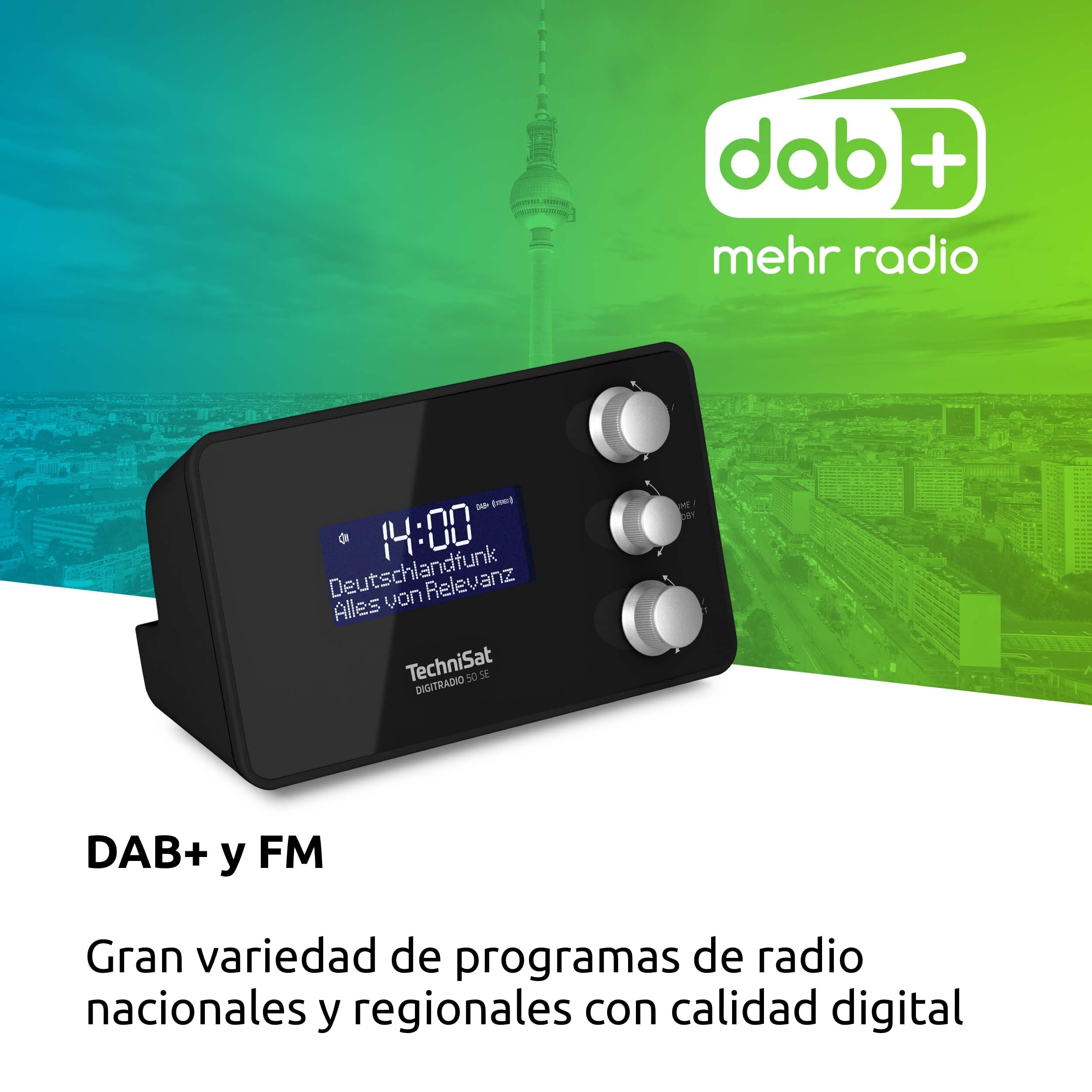 TechniSat DIGITRADIO 50 SE - Radio Despertador (Dab+/FM, Pantalla Regulable, Despertador, función Snooze, Temporizador de sueño, 1,5 vatios, Salida para Auriculares, Carga USB) Negro