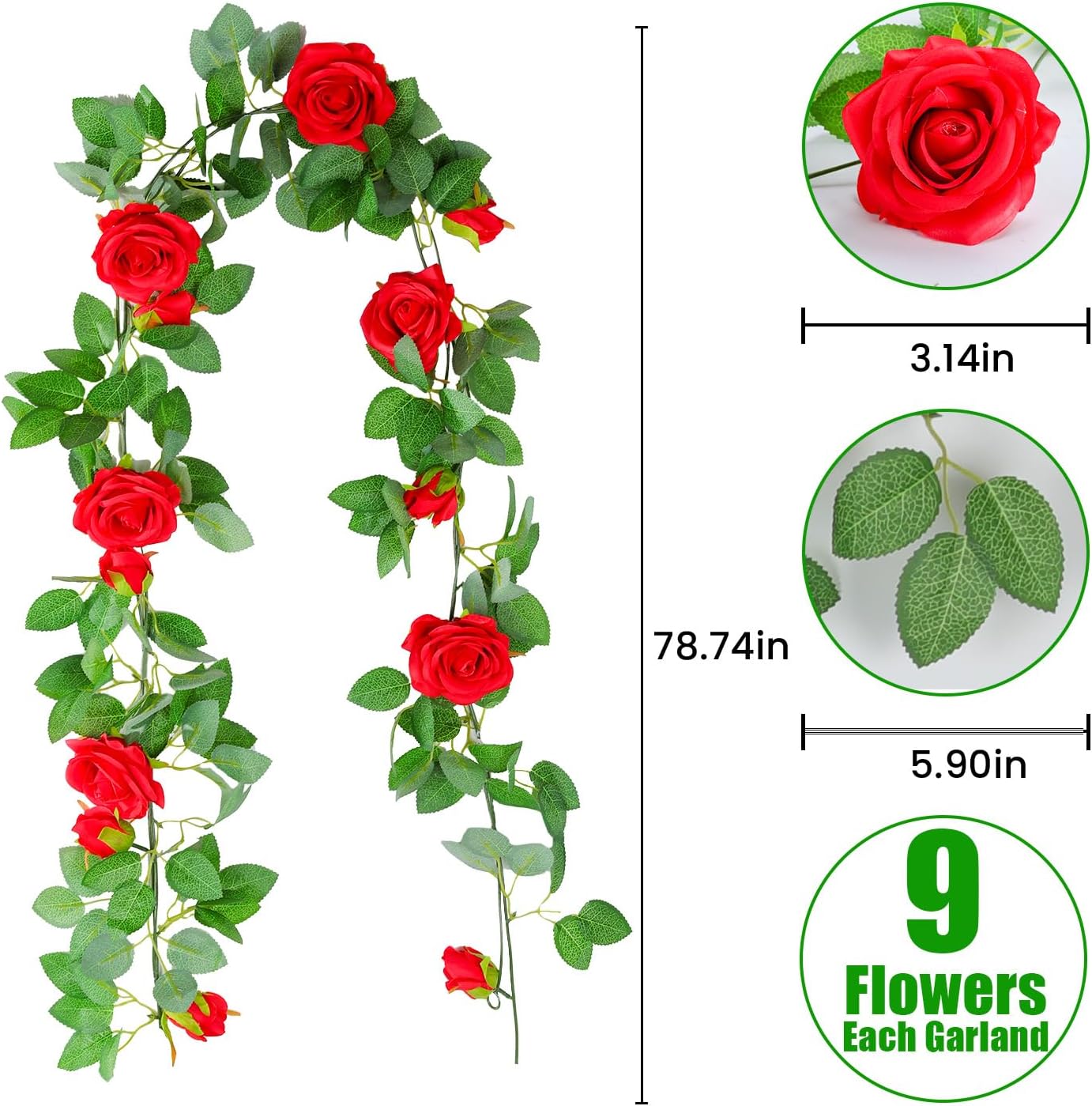 4p Red Artificial Rose Vine,Rose Garland,Pink Flower Vines for Decoration, Wedding, Garden, Wall Decoration,Backdrop,Bedroom,Birthday Party