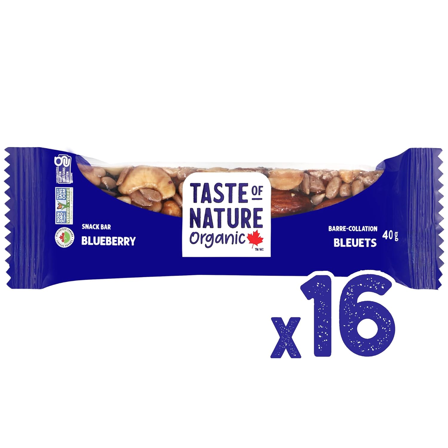 Taste of Nature Organic Blueberry Snack Bar - Healthy, Gluten Free, Non GMO, Vegan Snack Bars with Mixed Nuts, Fruits and Seeds - 16-Count Snack Pack