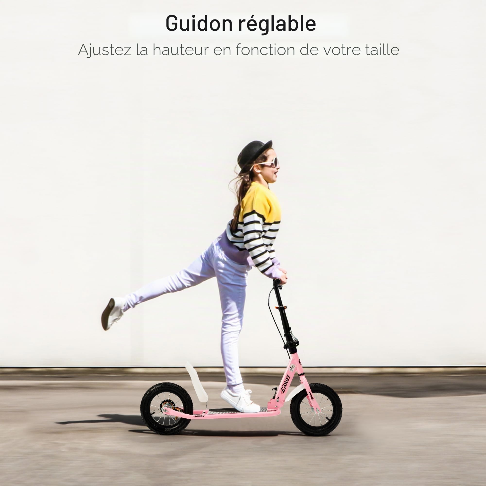 Scooter Enfant Adulte 12 Pouces Pneus en Caoutchouc Freins à Main Cadre en Acier Anti-Dérapant Hauteur Réglable 100kg pour Enfants Adolescents 8+