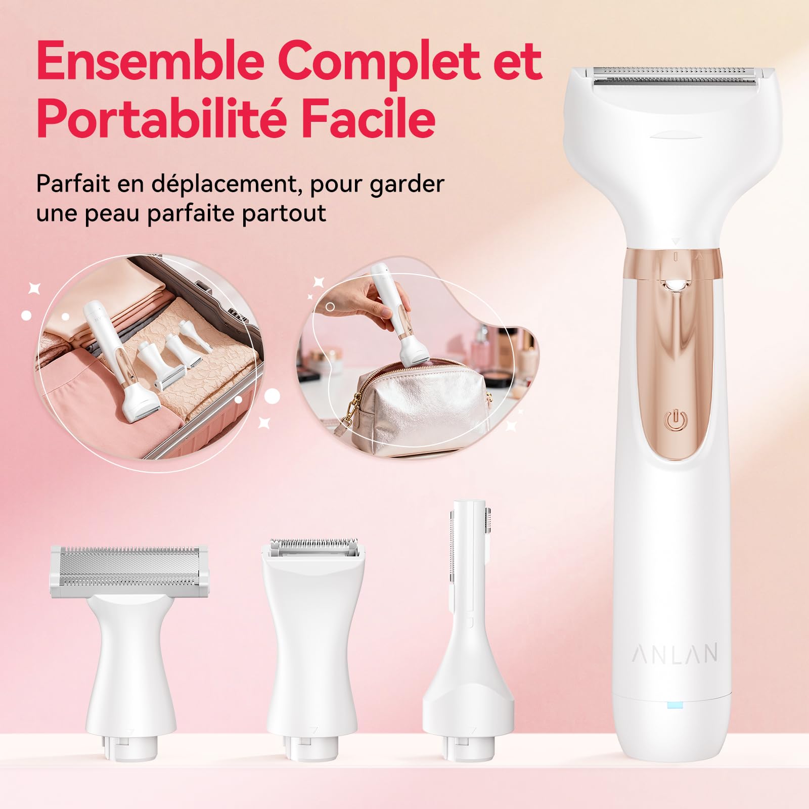 ANLAN Rasoir Electrique Femme 4 en 1, Epilateur Électrique Maillot/Visage, Tondeuse Intime Femme Sec et Humide, 4 Peines Rasoir Intime pour Bras Aisselles Jambes, éclairage LED, IPX6 Étanche