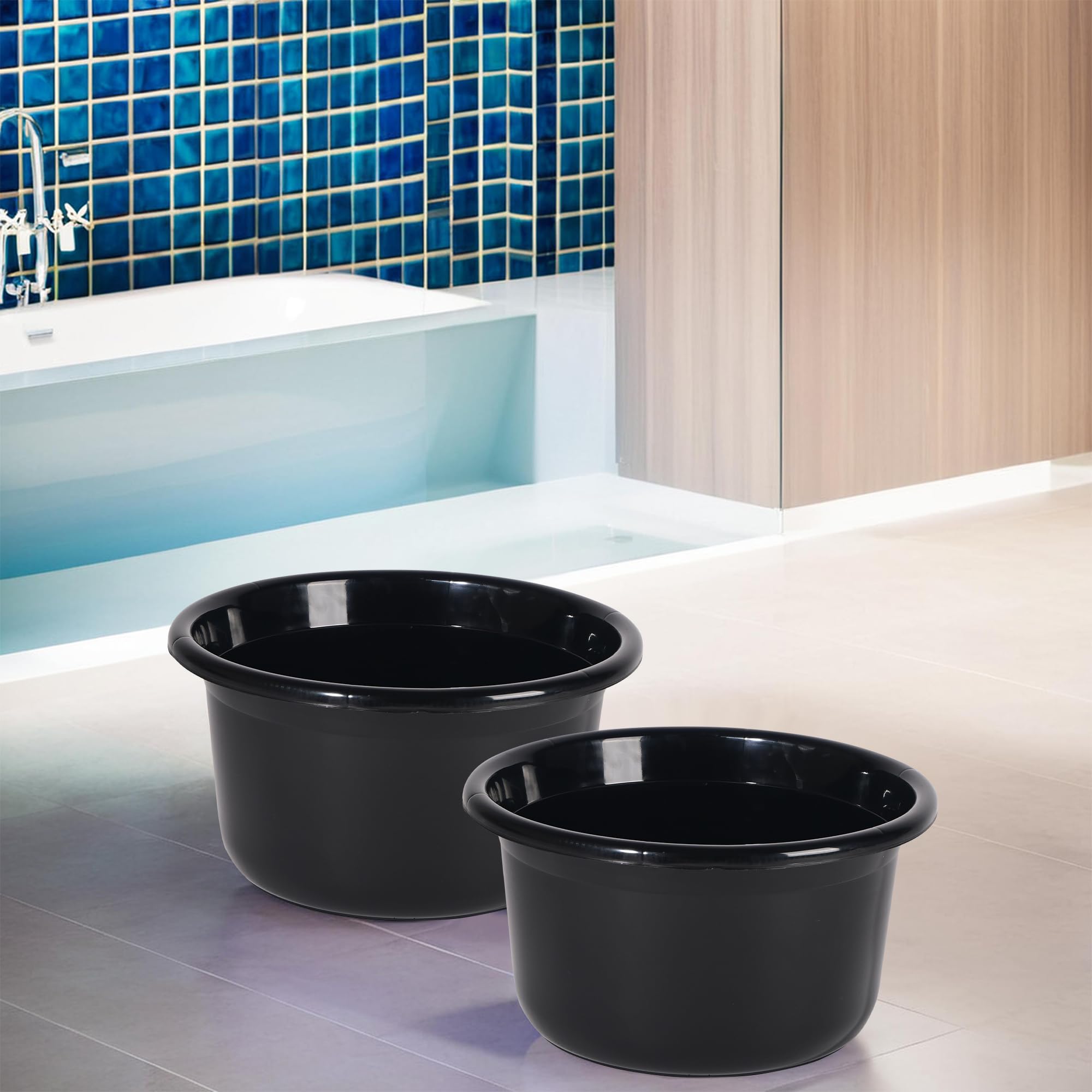 kuber industries pack of 2 - bath tub for bathroom | 25 ltr | portable & durable water washroom tub | baby bathing tub | clothes washing tub for bathroom | plain - black