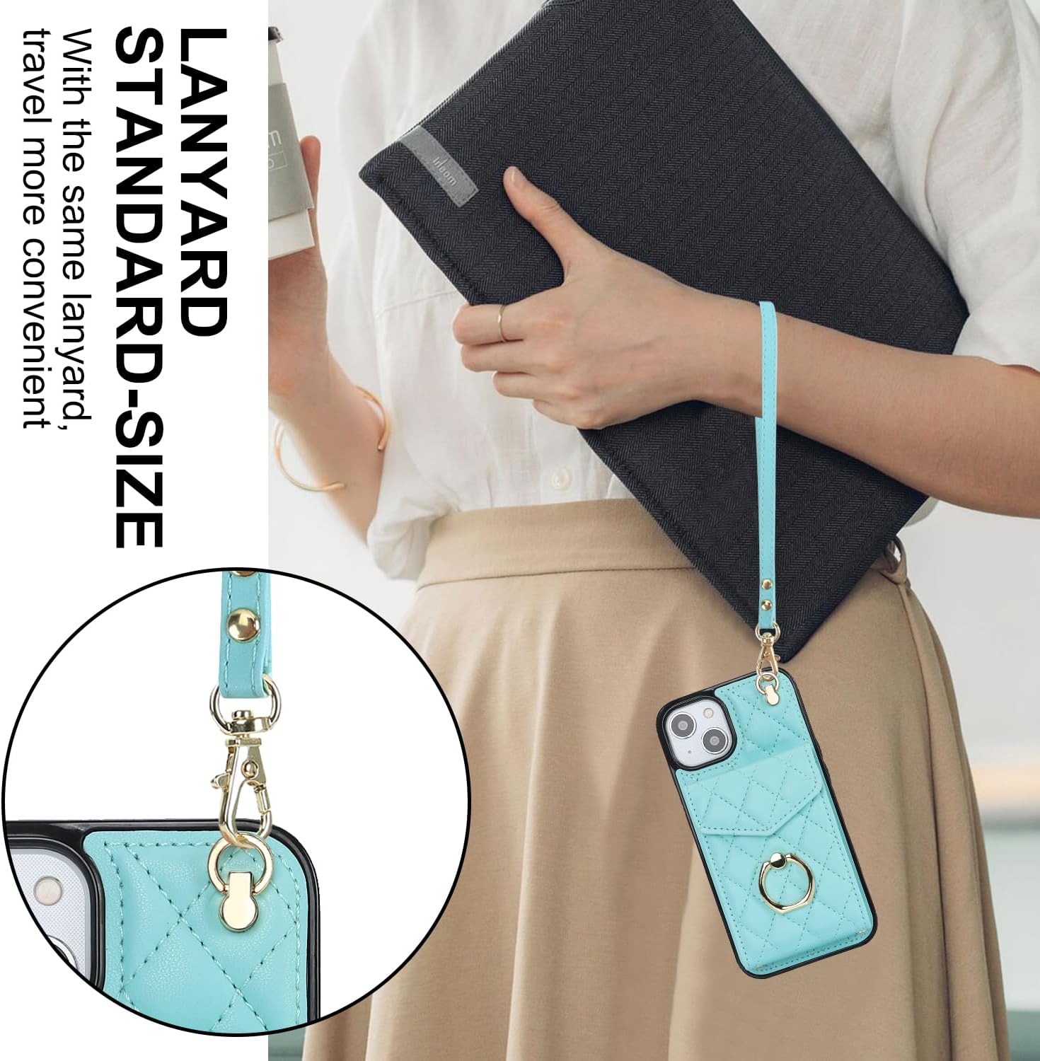 Asuwish Compatible with iPhone 15 6.1 inch Wallet Case Tempered Glass Screen Protector and Wrist Strap Ring RFID Blocking Card Holder Cell Phone Cover for iPhone15 5G i i-Phone i15 15Case Women Teal