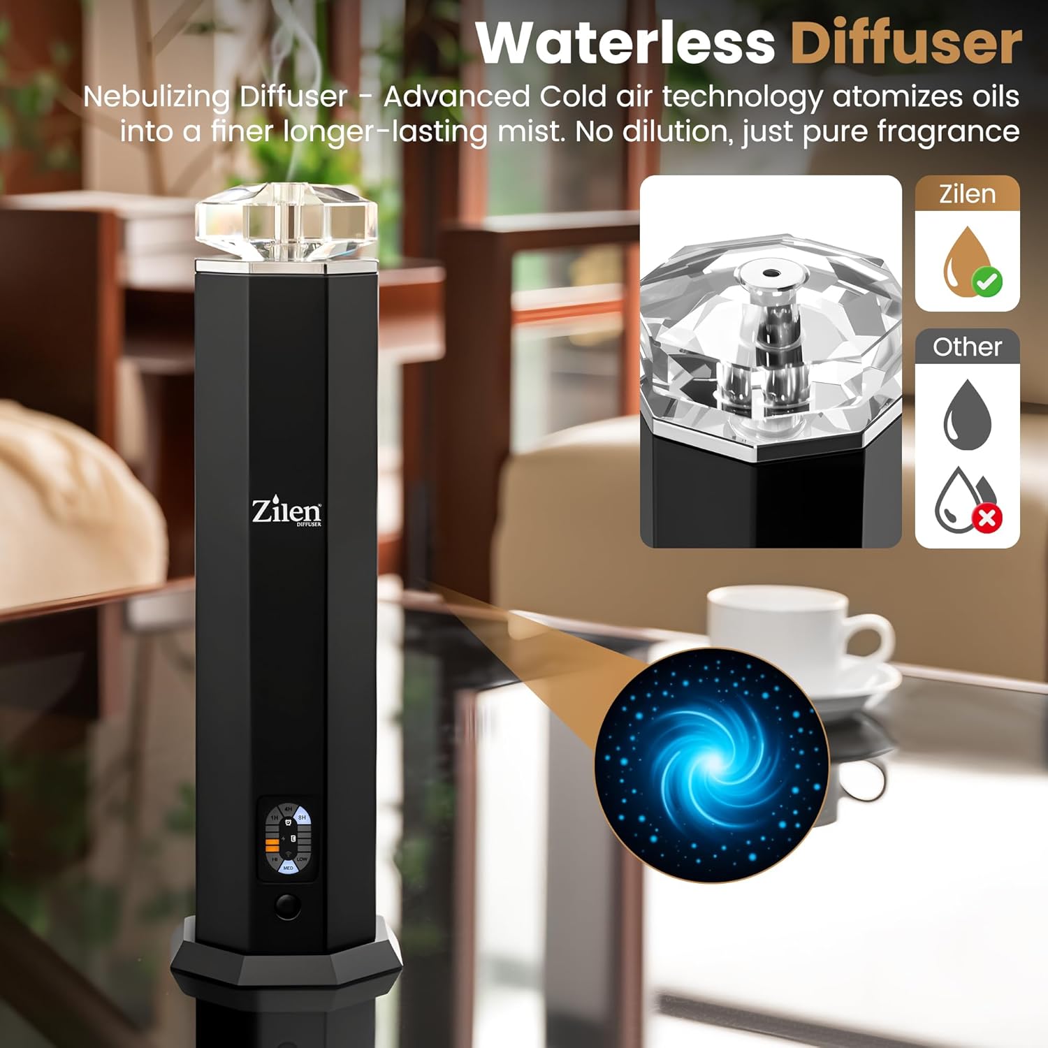 Waterless Essential Oil Diffuser – 3600mAh Rechargeable Nebulizing Cold Air Scent Machine, Portable Luxury Crystal & Steel Design, Covers Up to 1,000 Sq Ft for Large Rooms, Spa & Home