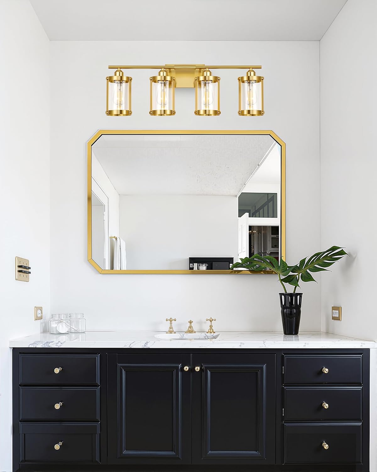 4-Light Brushed Gold Bathroom Light Fixtures, 29 Inch Modern Bathroom Vanity Lighting Fixtures Over Mirror with Clear Glass and Metal Cage Wall Sconce Lights for Bath, E26, OS-3014BG-4W