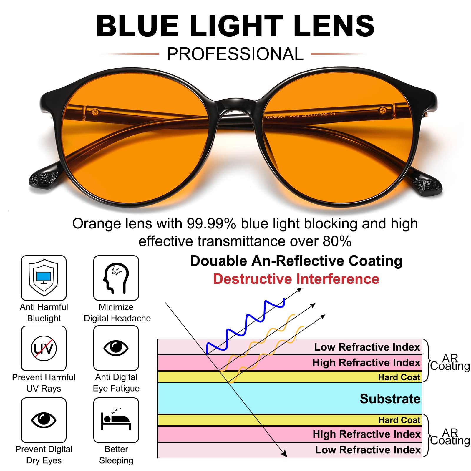 LIKSMU Lentes de bloqueo de luz azul 99.99% para videojuegos, TV, teléfono, gafas de dormir, filtro profesional, antifatiga ocular, vintage, marco negro, lente ámbar naranja