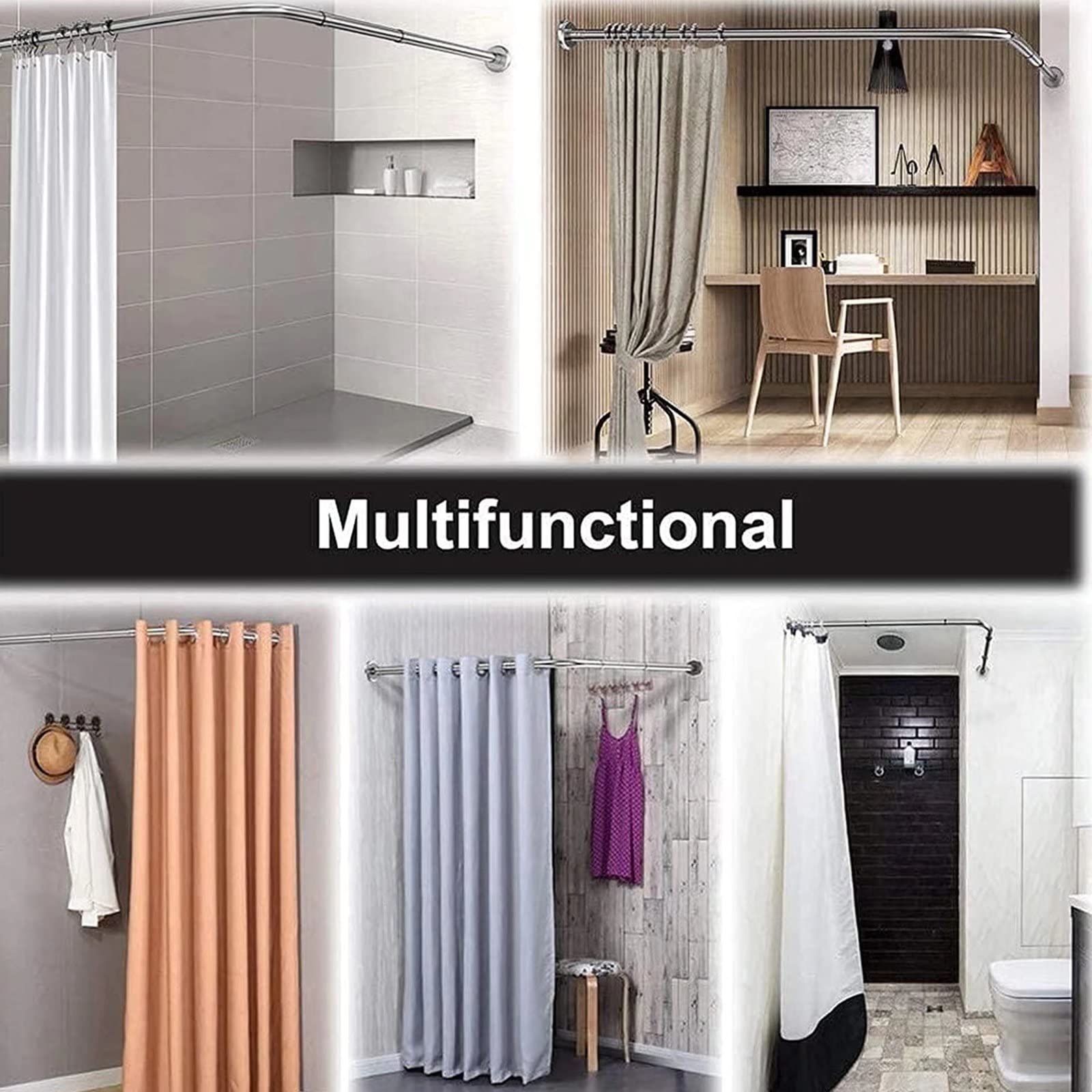 Barra de cortina de ducha de esquina en forma de L, sin taladro, ajustable, de acero inoxidable 304, curvada para ventana de baño y decoración del hogar