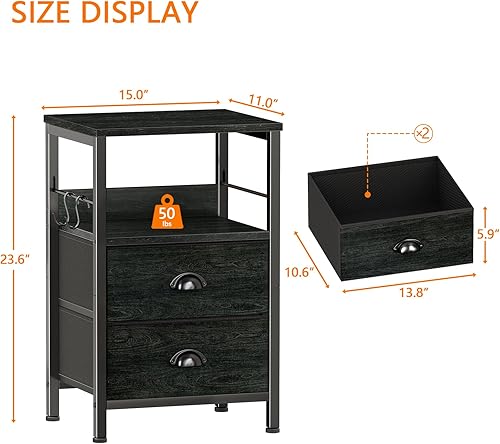 Miniatura 3 de Furologee - Juego de 2 mesitas de noche con 2 cajones de tela, mesas de noche con estante abierto, parte superior de madera, ganchos, diseño