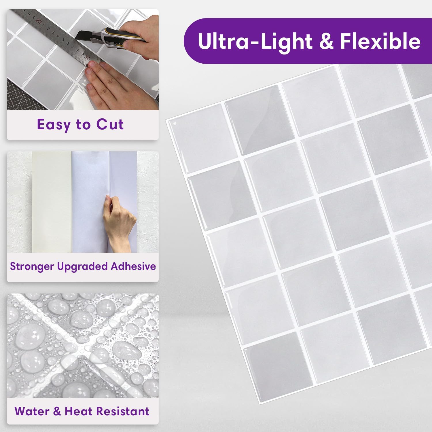Thicker Light Gray Peel and Stick Backsplash Tiles- 10 pcs of 12" x 12"- 3D Adhesive Glossy Square Panels Stick on Backsplash Tiles for Kitchen,Bathroom,Vinyl, Waterproof,Interior Wall Tile