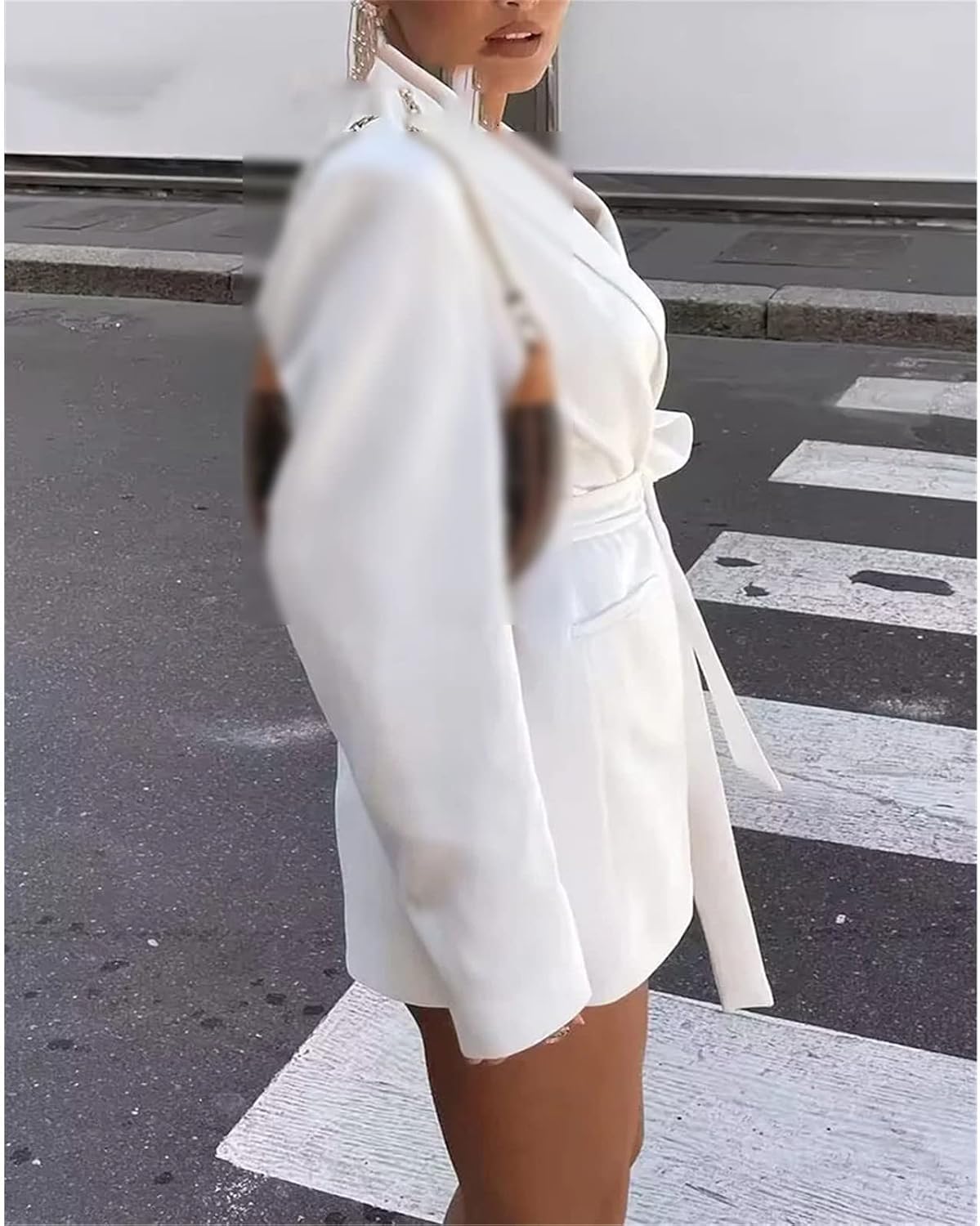 Elegant Women White Suit Long Sleeve Belt Blazer Jacket Business Casual Straight Leg Pants Lace-Up Blazer Set