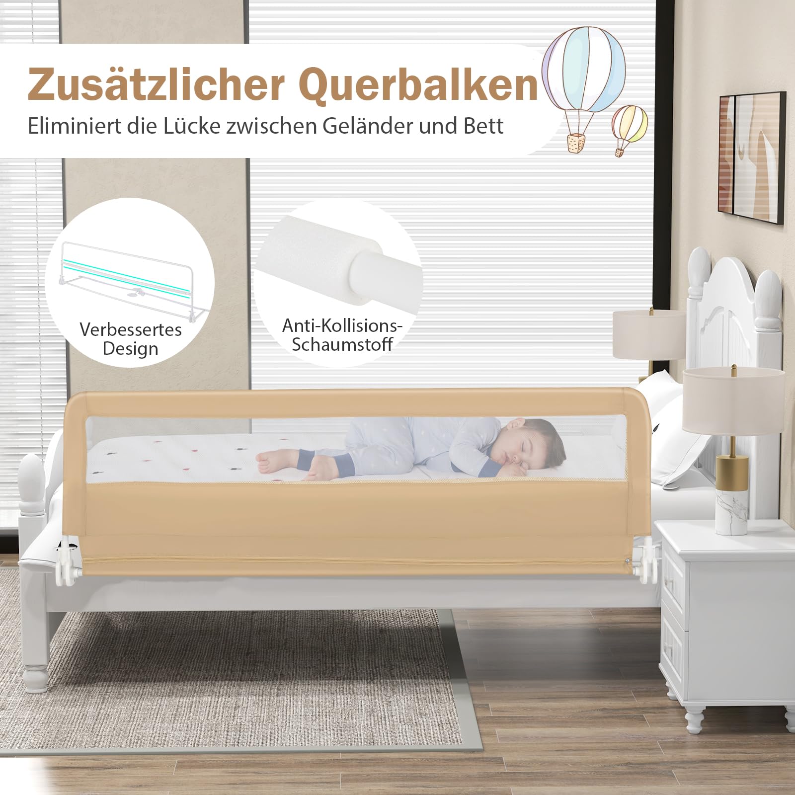 COSTWAY Bettgitter klappbar, 180 cm Lange Bettschutzgitter mit Sicherheitsgurten, Rausfallschutz 180° Faltbar Boxspringbett für Baby & Kleinkinder (Beige)