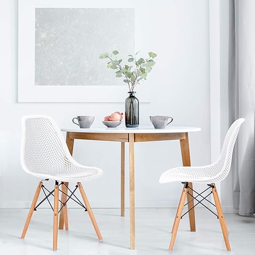 Miniatura 2 de Giantex Juego de 2 sillas de comedor modernas, sillas laterales de PP con diseño de malla, patas de madera de haya, sillas de ocio de tulipán,