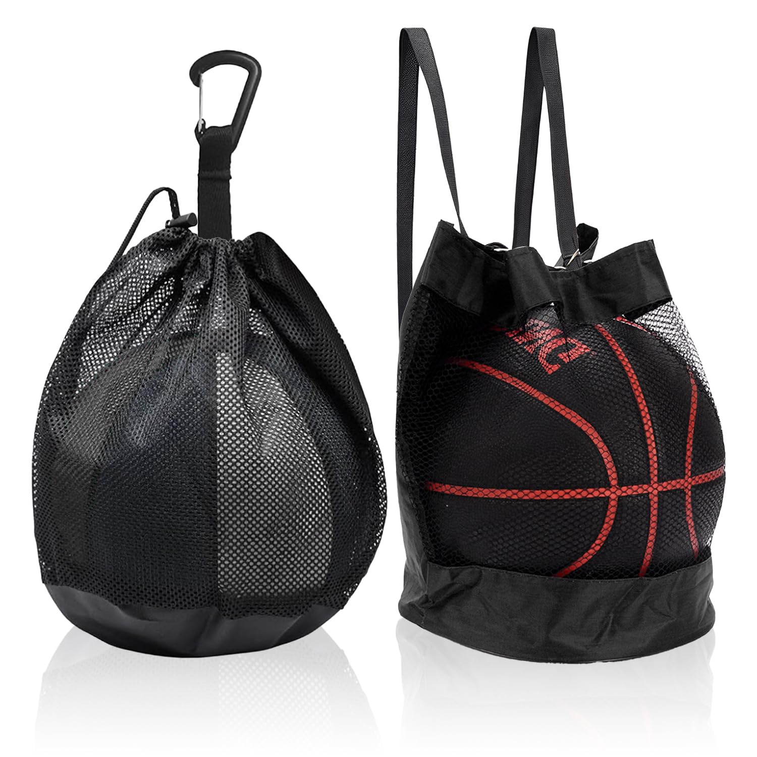 2 Pièces Sacs à Balles, Sacs Basketball, Sac à Ballon en Maille Oxford, Sac Ballon de Basket, Filet Pliable avec Poche Zippée et Mousqueton pour Basketball, Football, Volley (Adolescents & Adultes)