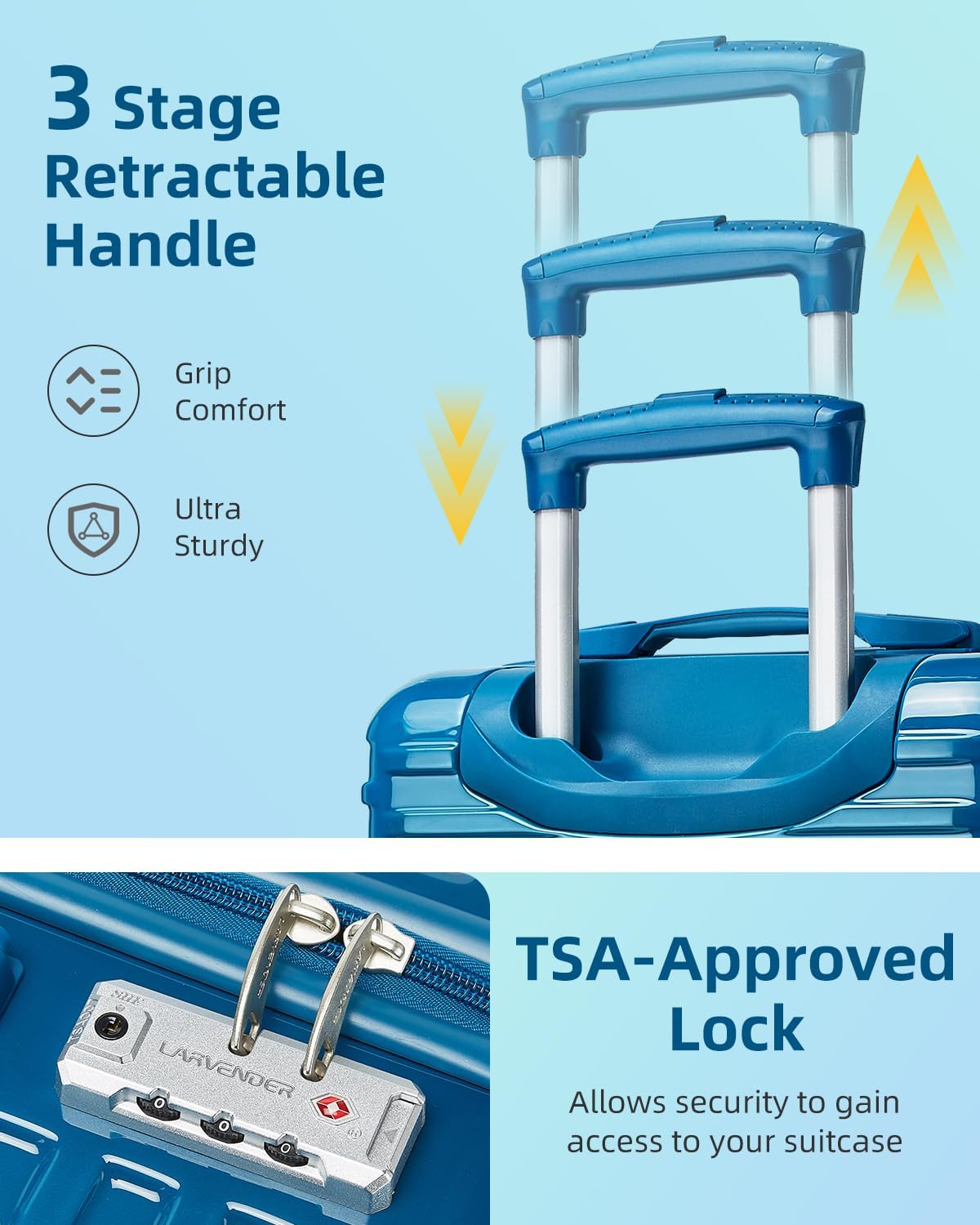 LARVENDER Carry on Luggage 22x14x9 Airline Approved, Expandable 20 Inch Hardside Suitcase with Wheels TSA Lock, PC+ABS Lightweight Carry on Suitcases for Women, Ocean Breeze (20/DB/TB) - Image 3