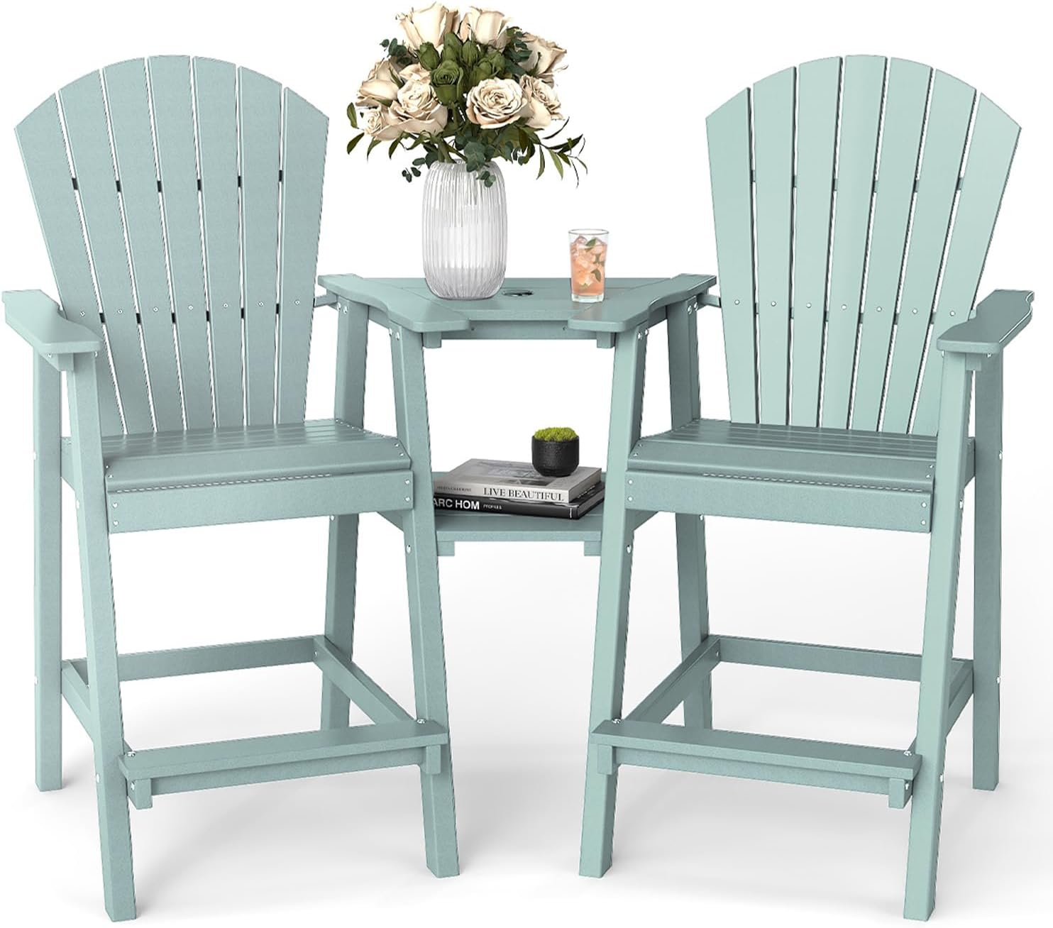 FOOWIN Tall Adirondack Chair Set of 2, All Weather HDPE Bar Height Adirondack Chair with Double Connecting Trays, Adirondack Barstools for Balcony, Deck, Backyard, Patio, Garden Aruban Blue