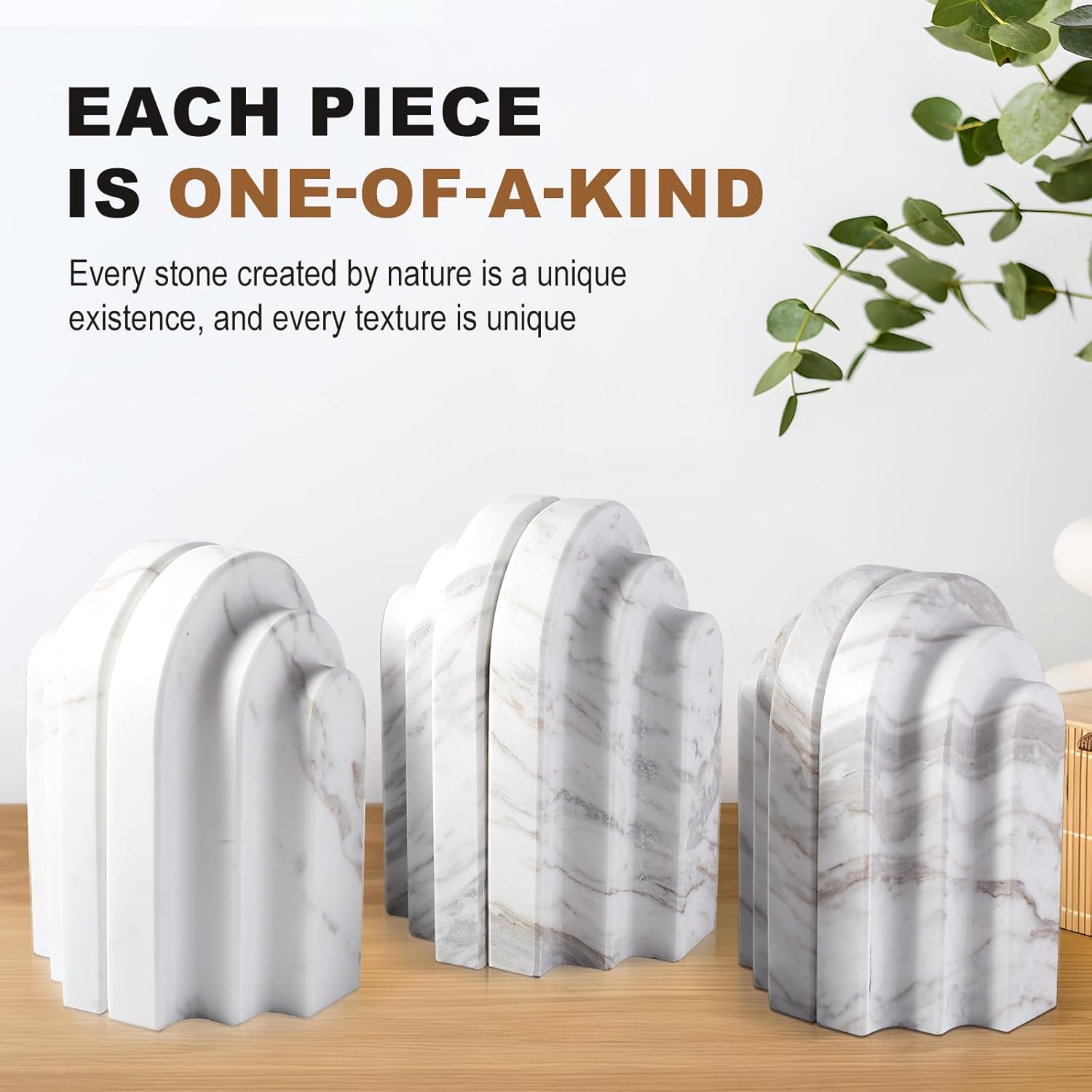 Natural Marble Book Ends - Heavy Duty Bookends for Shelves - Aesthetic Layered Arch Design Stone Book Holders, Modern Office Bookshelf Stopper Decor for Books/CDs (Volakas)