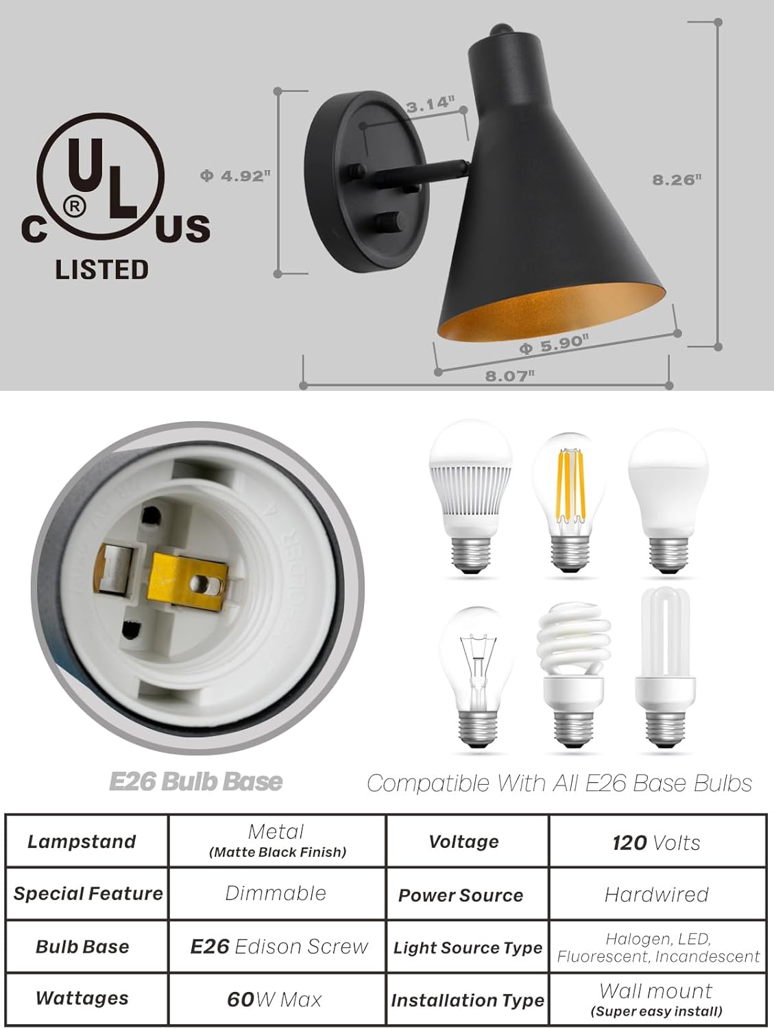 Wall Sconces Set of Two,Black Wall Sconce with Dimmable Switch Modern Bathroom Vanity Light with Metal Lampshade Adjustable Bedside Sconce Light for Bedroom Living Room Hallway Hardwired