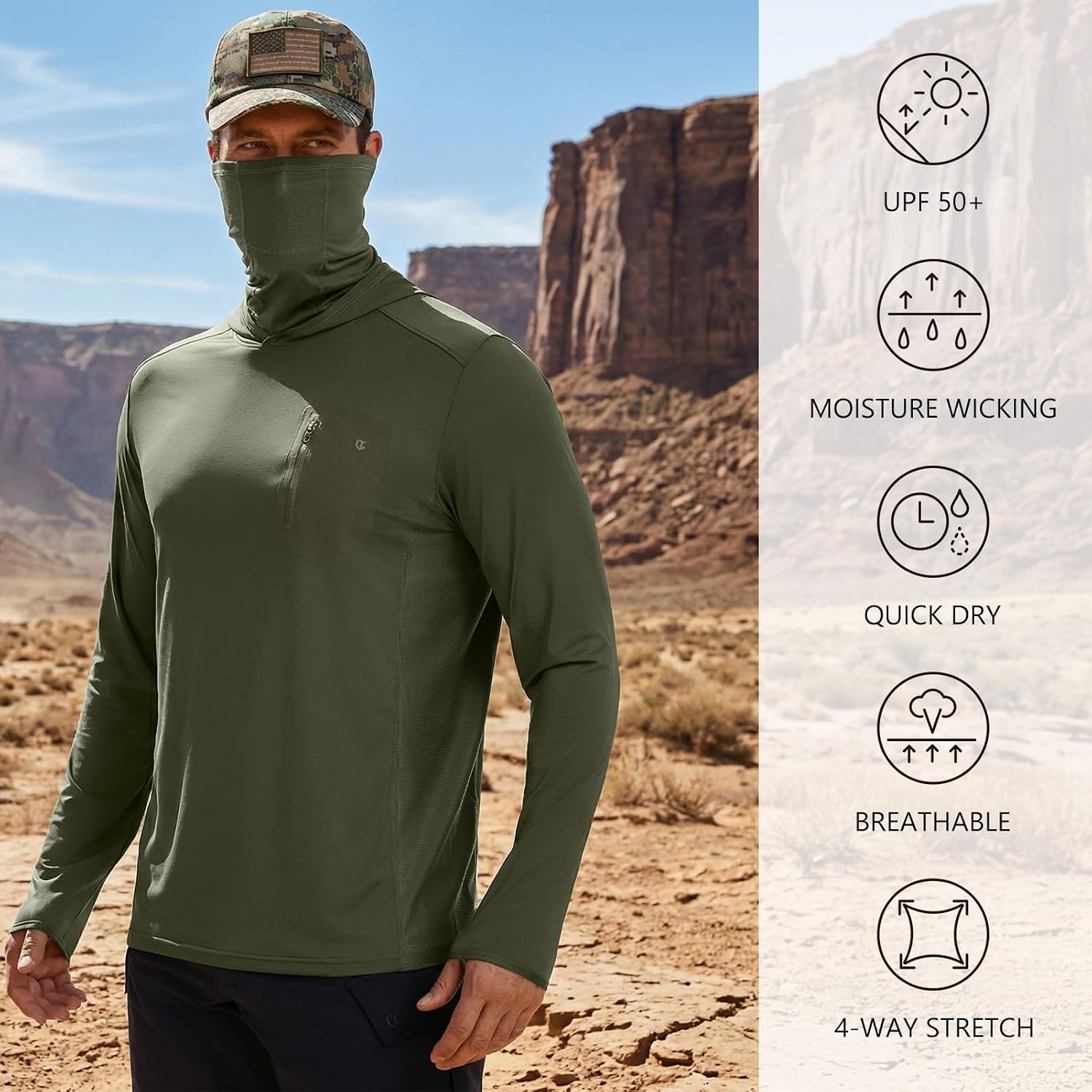 Men’s UPF 50+ Tactical Hoodie Shirts with Mask UV Lightweight Long Sleeve Moisture Wicking for Shooting Military