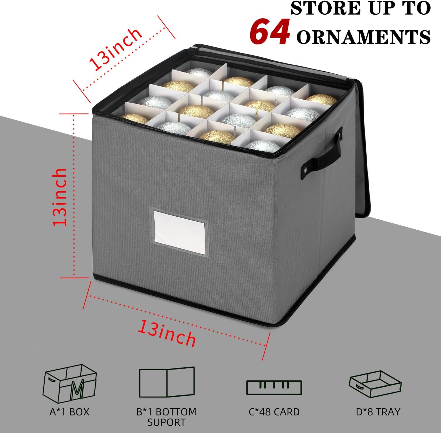 JY COOKMENT Christmas Ornament Storage Box with Adjustable Dividers, Premium Holiday Ornaments Storage Container Bin with Zippered Top for Xmas Decorations (64-3" Balls, Gray, With Tray) - Image 2