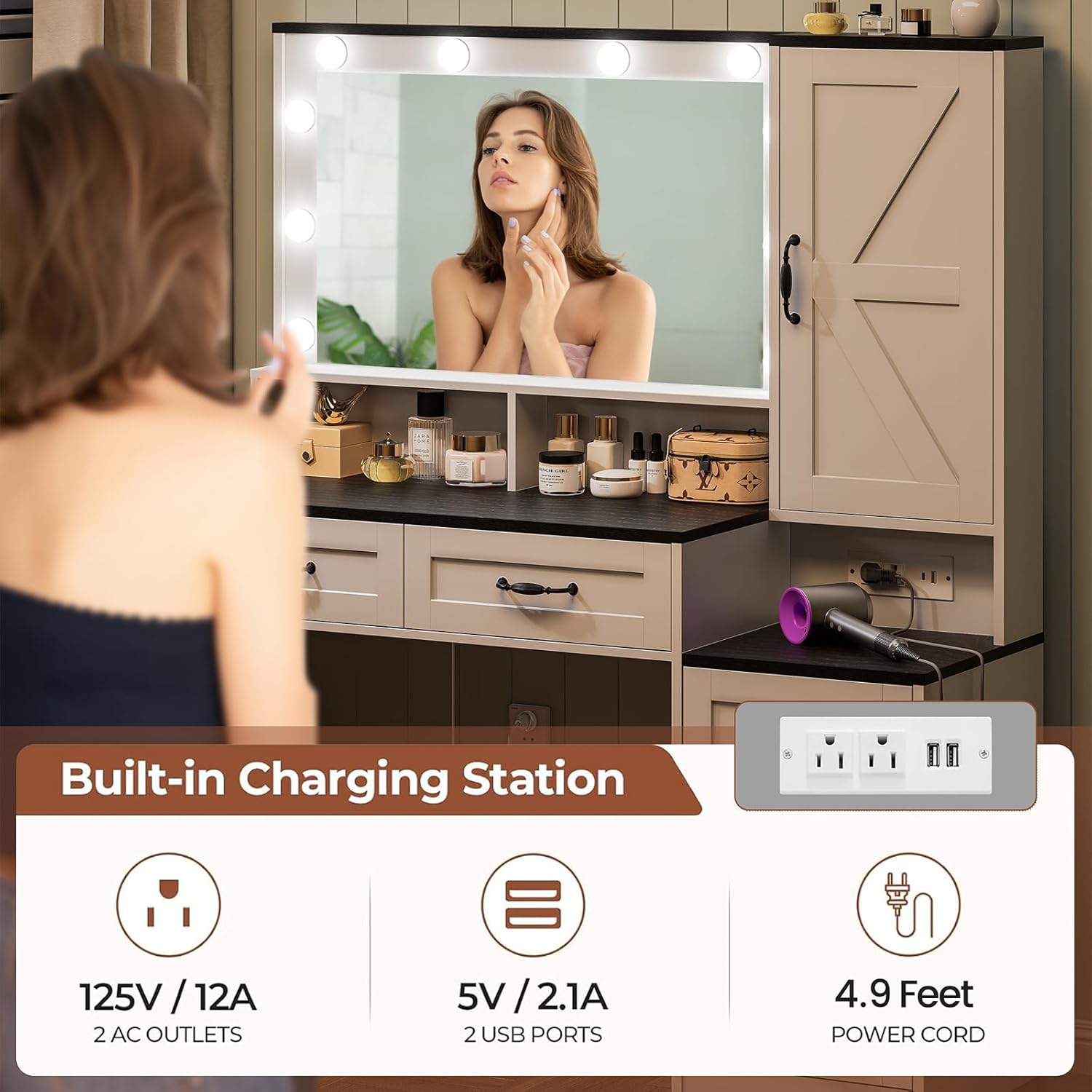 Farmhouse Vanity Desk Makeup Table with Mirror and 10 Lights, 45.3" Large Vanity Desk with Power Outlet, 5 Drawers, 1 Cabinet & 9 Jewelry Hooks, Dressing Table for Women Girls White & Black