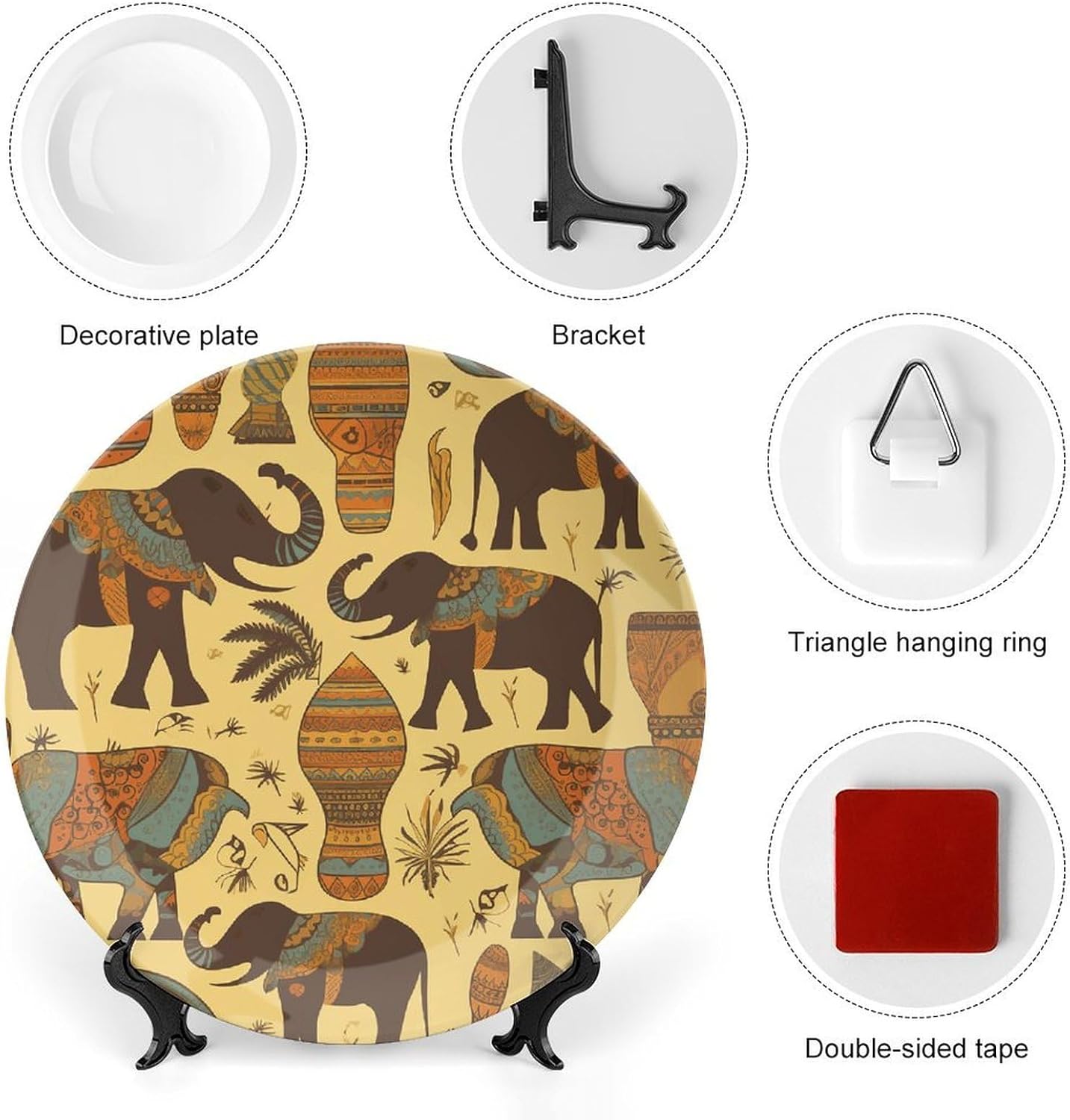 Africa Elephant Bone China Decorative Plate with Display Stand, Ceramic Ornaments Plate for Wall Hanging, Personalized Porcelain Plates for Office, Living Room 8inch