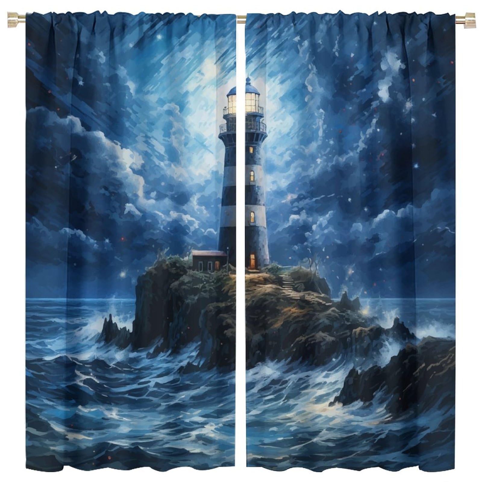 Lighthouse Curtain Beautiful Blue Starry Sky Sea Wave Lighthouse Blackout Print Rod Pocket Window Drapes for Bedroom Living Room 63x63in