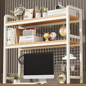 2-Tier Desktop Hutch Bookshelf Metal Desk Shelf Dorm Bookcase for Computer Desk Countertop Storage Organizer Display Rack for Office Home White, 53.1in