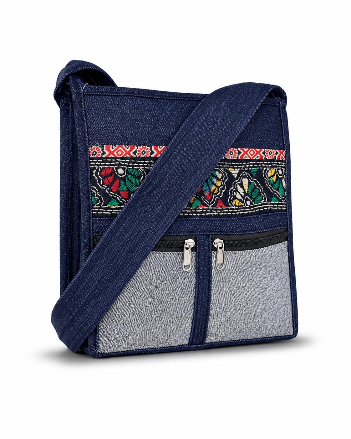 Denim Sling Bag, Blue and Grey, Embroidered Floral Trim, Crossbody Messenger Bag with Zipper Pocket-image-40