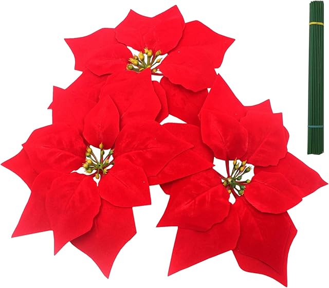 M2cbridge Artificial Christmas Flowers Red Velvet Poinsettia Floral Picks for Christmas Wreath Tree Ornaments (24pcs Red)