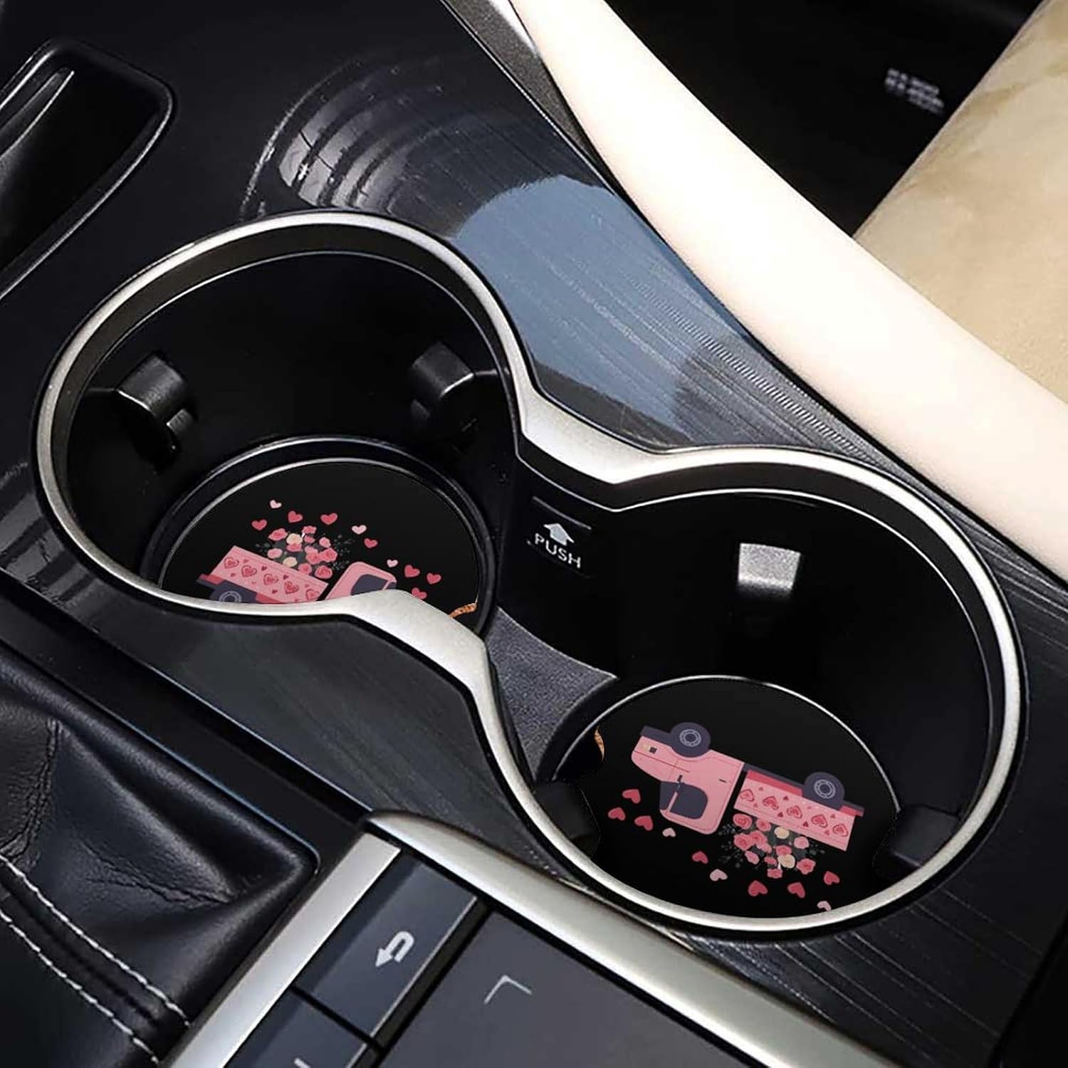 Flowers Truck with Hearts Car Cup Holder Coaster with Cork Base 2.6 Inches Anti Slip