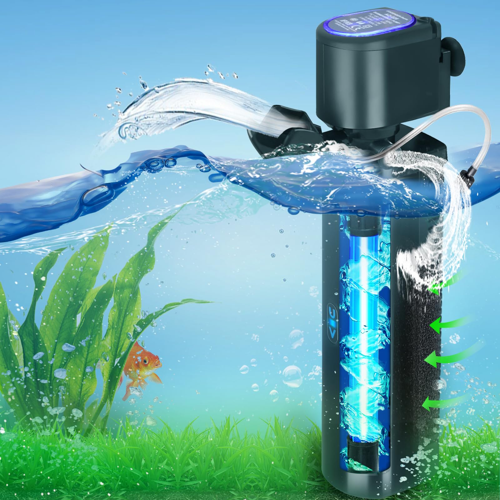 Coospider-repta Filtro de acuario para tanque de 20-75 galones, bomba sumergible potente U-V tanque de pescado limpiador de agua verde y algas, máquina de matar verde, filtro de bote de 500 GPH para