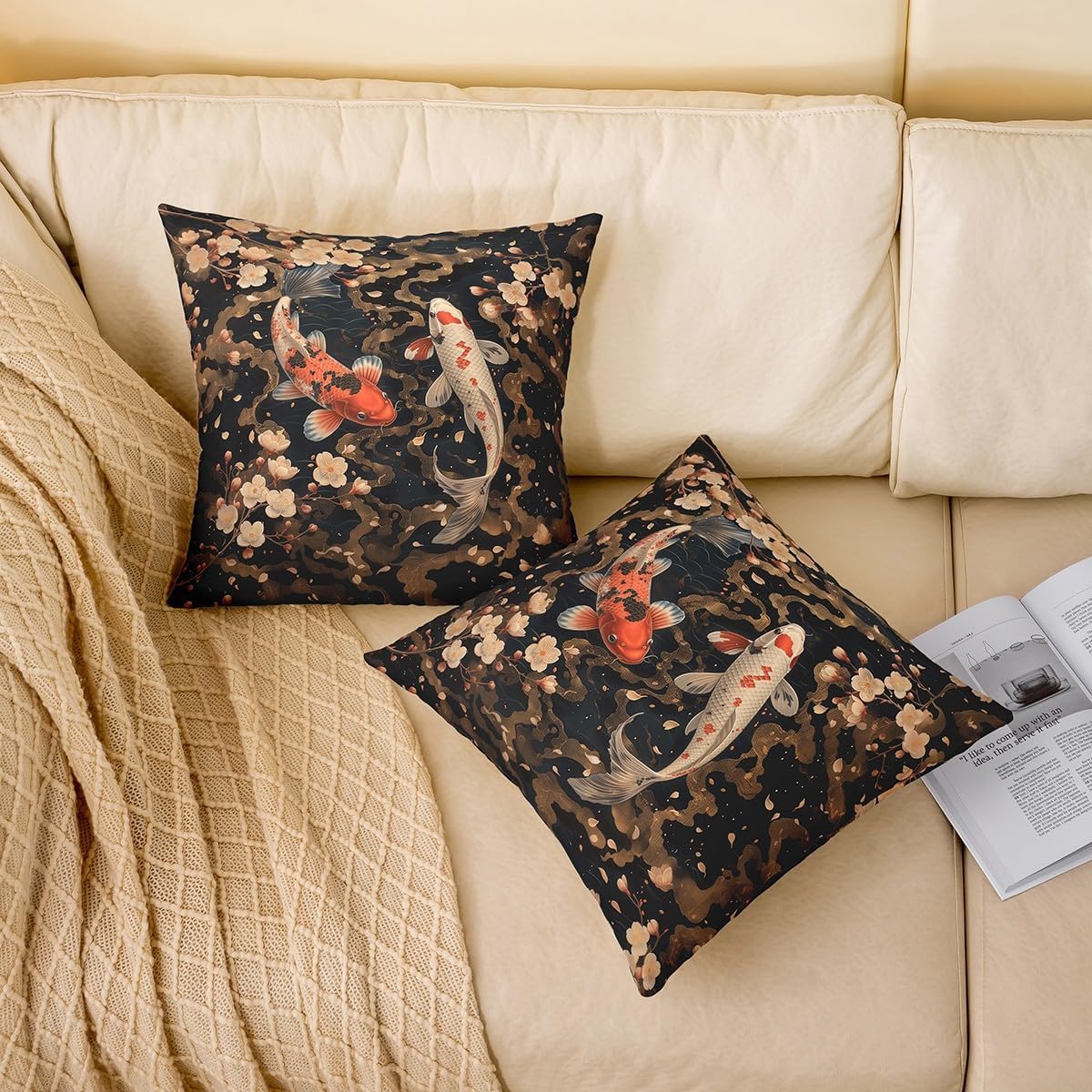 Erosebridal Koi Fish Throw Pillow Cover Cherry Blossom Pillow Cover 24X24 Apanese Style Ukiyoe Cushion Cover Oriental Exotic Carp Decorative Pillow Cover Vintage Retro Bedroom Decor