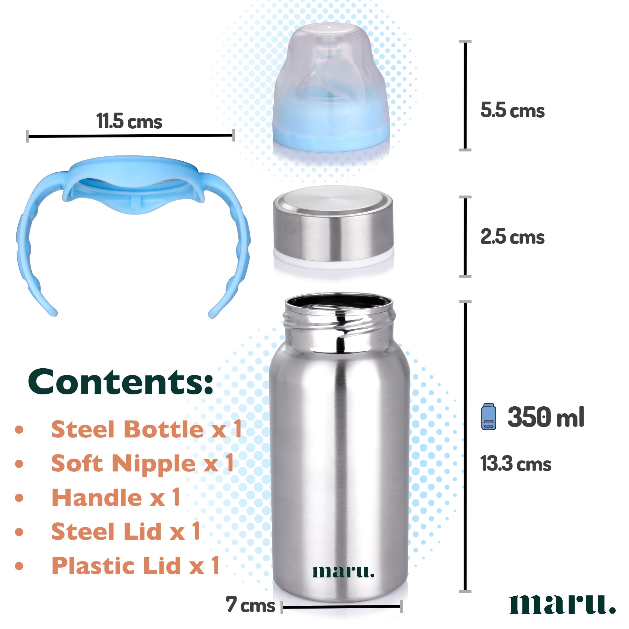 MARU 3 in 1 Baby Feeding Bottle Steel | Baby Milk Bottle Steel Multifunctional Baby Bottle -Sipper, Nipple, Travel Lid, Straw with Cleaning Brush 350 ML (for 3+ Months Baby) (Blue, 350ml) - Image 2 thumbnail