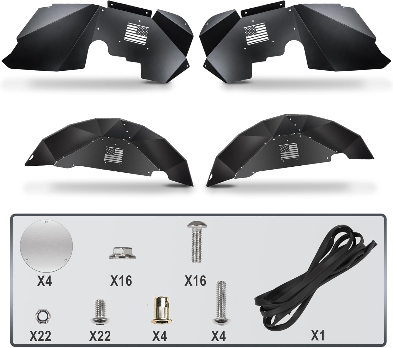 Front and Rear Aluminum Inner Fender Liner Set Compatible with 2007-2018 Wrangler JK JKU, US Flag Pattern, Great Fitting&Easy to Install, JK Accessories, Black 4PCS