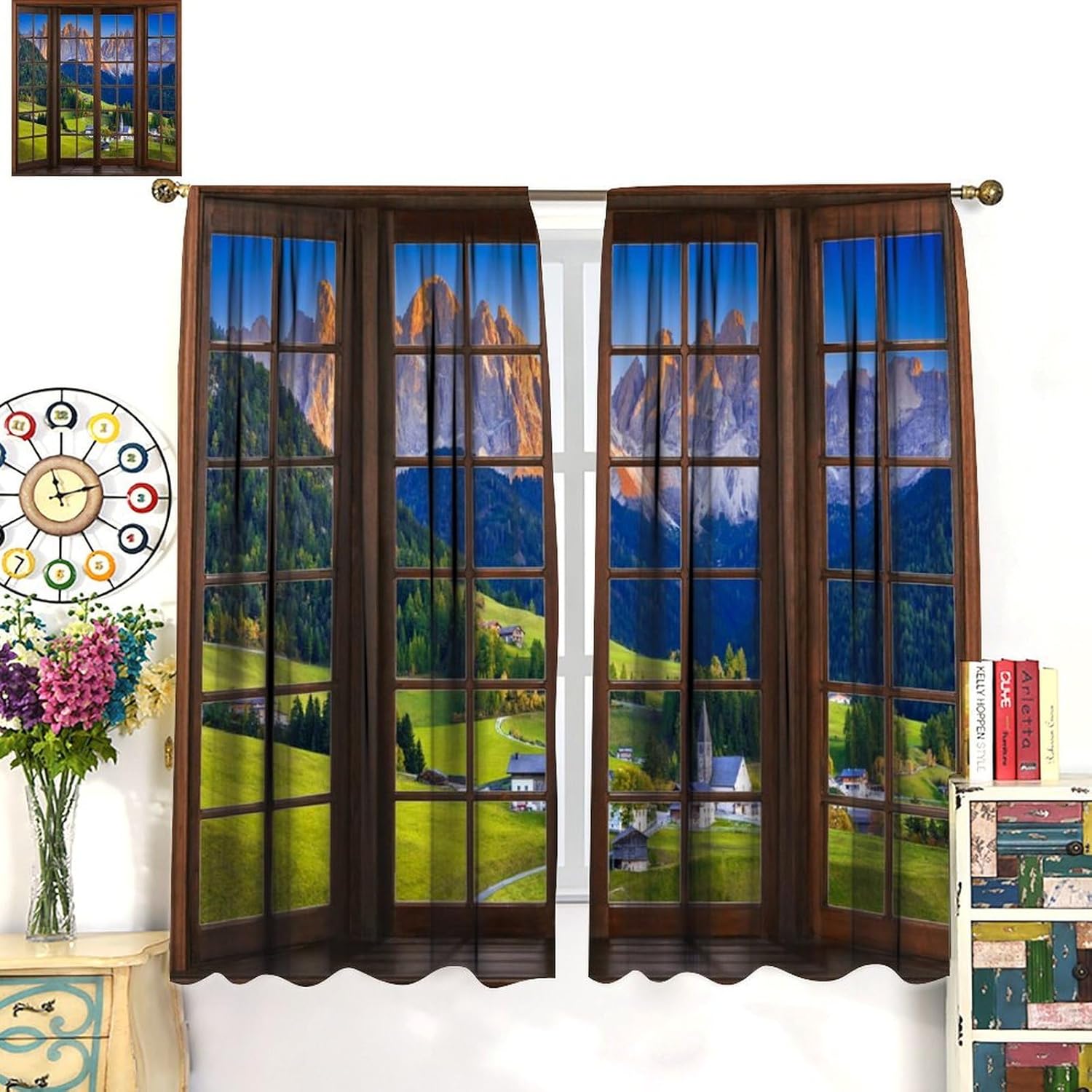 Western Rustic Landscape Curtains, Wooden Window Forest Mountain Nature Plants Window Treatments for Bedroom Living Room Kitchen Drapes Rod Pocket 2 Panels 42x63 Inch