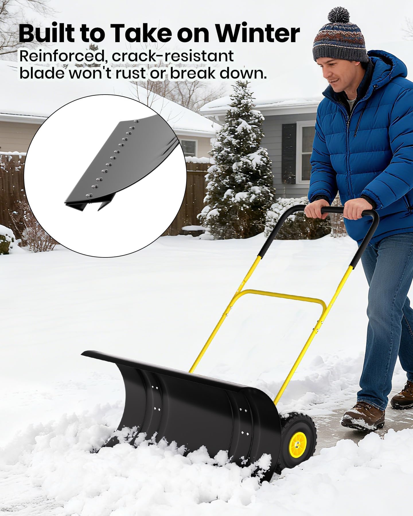 Garvee Pala Quitanieves con Ruedas de Acero al Carbono Empujador de Nieve Manual de Alta Resistencia Doble Mango Ergonómico para Calzadas y Patios Retirada Eficiente Hielo, 91.4 cm, Amarillo