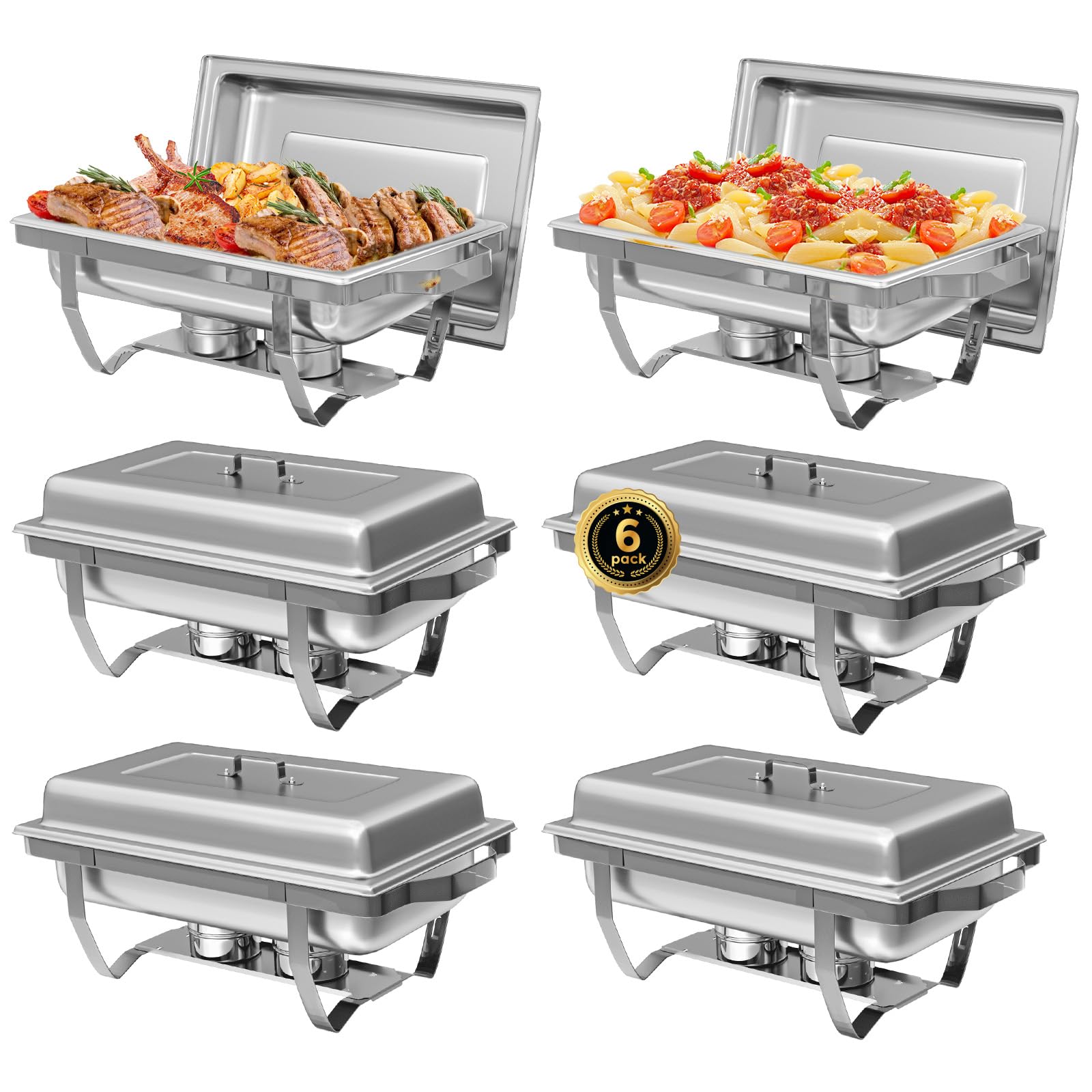 IMACONE 6 Pack Chafing Dish Buffet Set, 8QT Stainless Steel Rectangular Chafers and Buffet Warmer Sets for Catering, with Food & Water Pan, Lid, Foldable Frame, Fuel Holder for Event Party Holiday