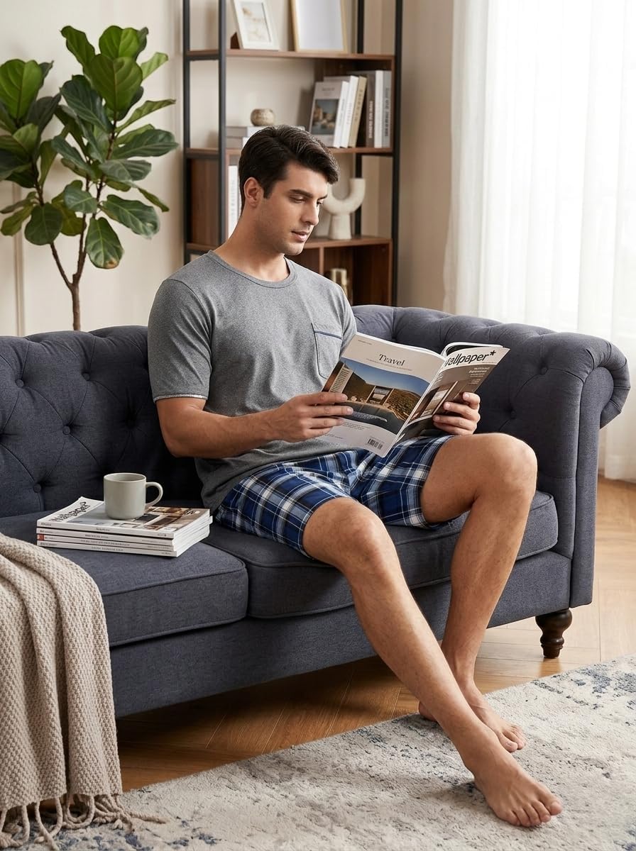 MoFiz Mens Pajamas Set Summer Pjs Sleepwear Short Sleeve Shirt and Shorts Lightweight Soft Loungewear with Pockets S-3XL