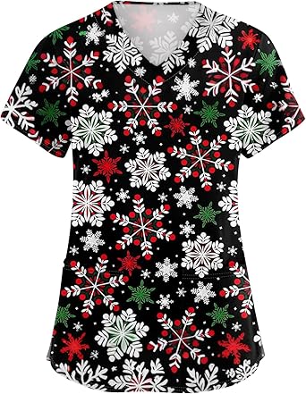 OIOLOYJM Halloween Christmas Scrub Tops Women Printed V Neck Short Sleeve Plus Size Scrubs for Womens Shirts with Pockets