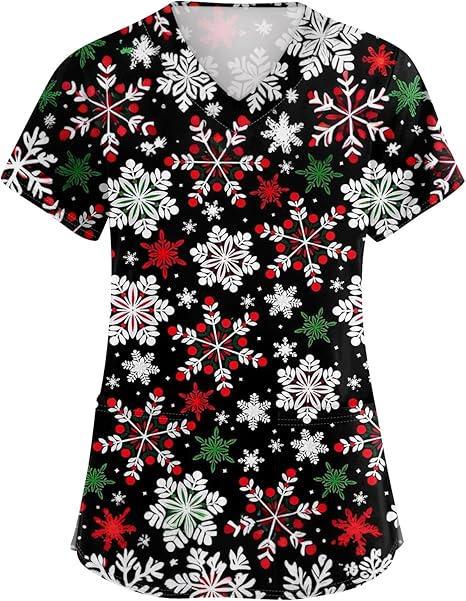 OIOLOYJM Halloween Christmas Scrub Tops Women Printed V Neck Short Sleeve Plus Size Scrubs for Womens Shirts with Pockets