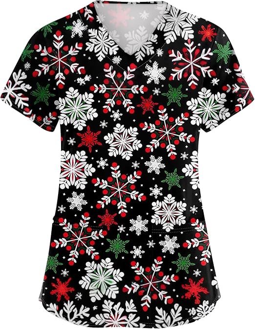 OIOLOYJM Halloween Christmas Scrub Tops Women Printed V Neck Short Sleeve Plus Size Scrubs for Womens Shirts with Pockets