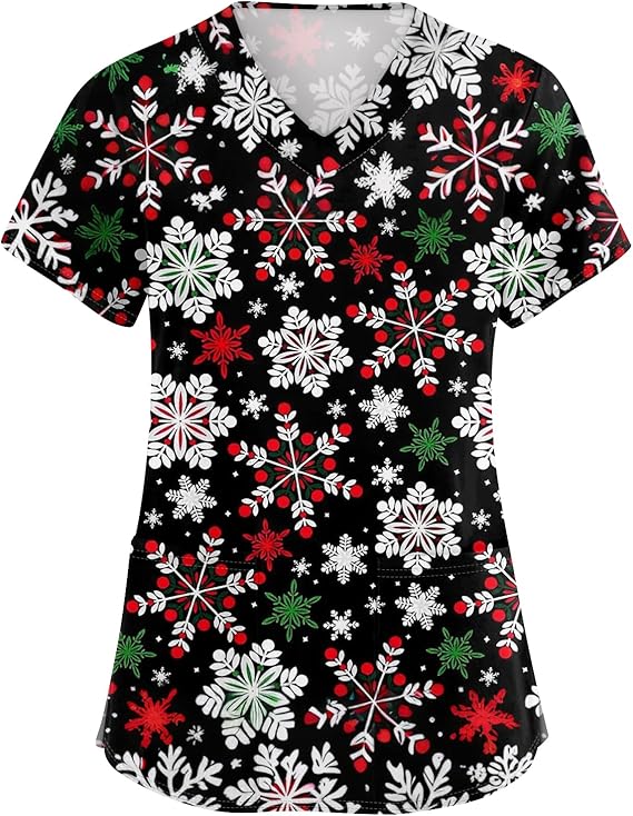 OIOLOYJM Halloween Christmas Scrub Tops Women Printed V Neck Short Sleeve Plus Size Scrubs for Womens Shirts with Pockets