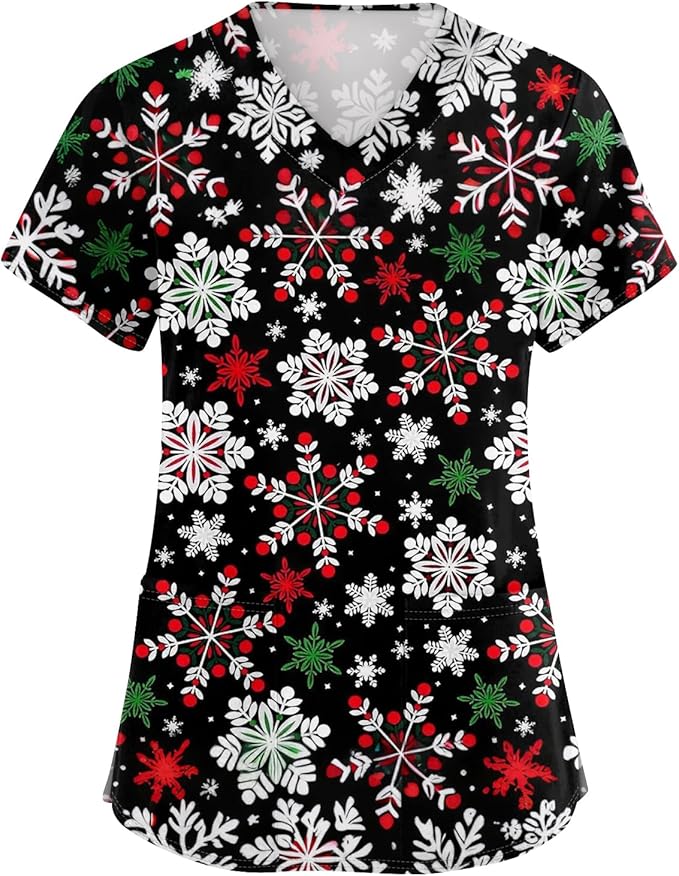 OIOLOYJM Halloween Christmas Scrub Tops Women Printed V Neck Short Sleeve Plus Size Scrubs for Womens Shirts with Pockets