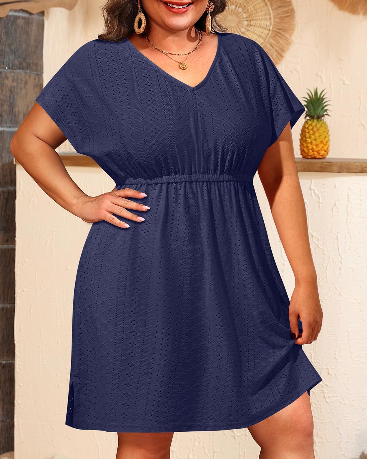Pinup Fashion Plus Size Swimsuit Cover Up Women - Hollow Out V Neck Beach Dress Coverups - Image 5